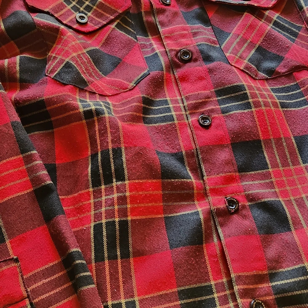 DIXXON Red and Black Plaid Casual Button-Down Shirt with Yellow Accents - Picture 3 of 4